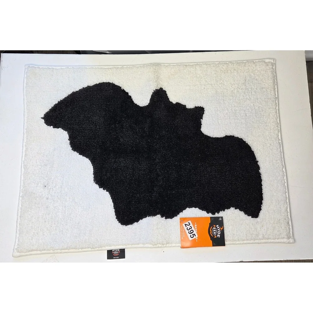 Halloween‎ Bath Mat Black Bat White Plush Spooky Season Decor NWT